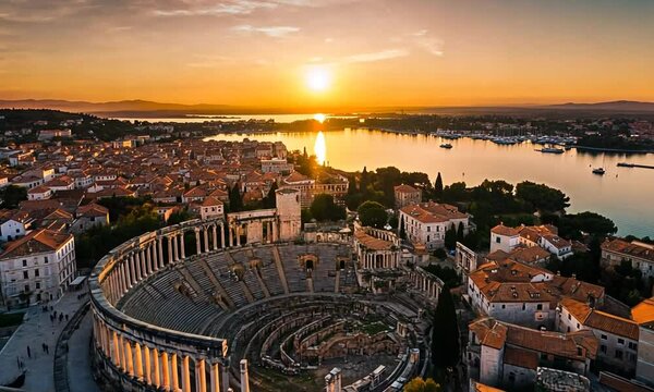 Sunset Over Ancient Roman Amphitheater in Pula, Croatia