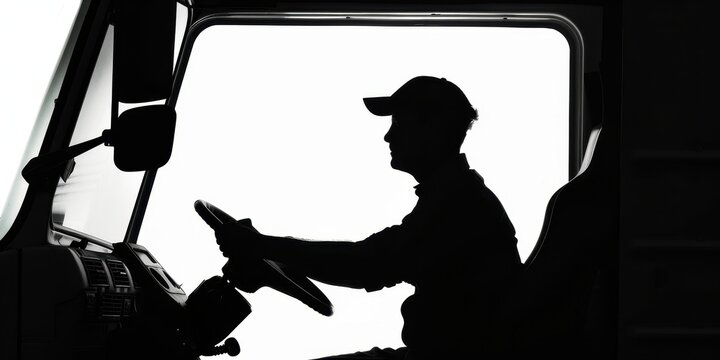 Dark silhouette of a truck driver focuses on the road while seated behind the wheel against an isolated white background