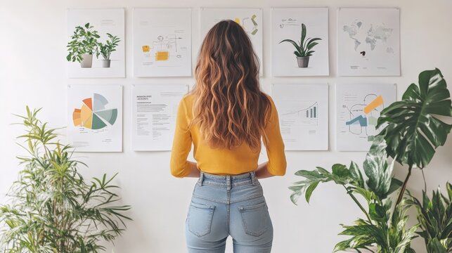 Strategic Vision: A businesswoman contemplates data visualizations and botanical prints, embodying the modern fusion of analytics and nature in the workplace.  - Powered by Adobe