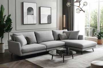Fototapeta premium Modern living room featuring a stylish sectional sofa.