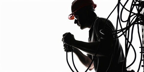 Silhouette of an electrician working with wires against an isolated white background