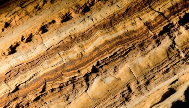 A detailed shot of the sediment layers in a rock formation, highlighting the different shades and patterns created over time.