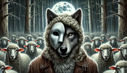 A close-up of a wolf in sheep's clothing, with raindrops falling and the mask starting to slip in a moonlit forest.