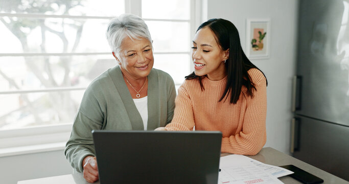 Kitchen, mother and woman with laptop for finance, track expenses and check budget goals. Discussion, senior mom and daughter with tax review for retirement, handle savings and mortgage at home - Powered by Adobe