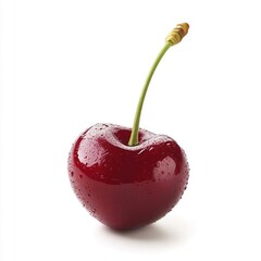 Single red cherry with green stem and water droplets isolated on white background.