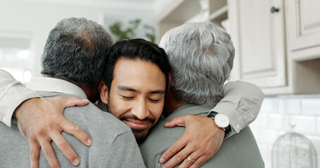 Fototapeta premium Happy, adult son or hug parents for weekend visit, welcome or bonding moment with smile, love or care. Family reunion, senior people or embrace man in house for hello, comfort or affection in kitchen