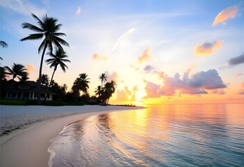 Tropical beach at sunset, with palm trees silhouetted against a vibrant sky.