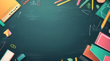 Colorful back-to-school supplies arranged on a chalkboard background for creative study sessions