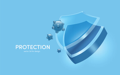 Double-layered glass shield protects and protects against viruses or germs and dirt, 3d vector on blue background for advertising design for disinfectant or prophylactic medicinal products.