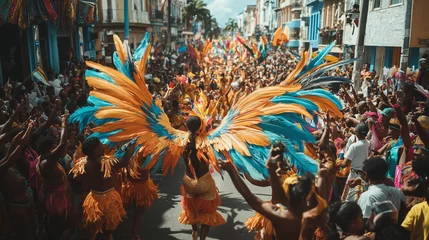 Handdoek met foto Carnaval Caribbean Carnival Festival, large crowds in flashy costumes, dancers with large brightly colored wings dancing to the rhythm of drum music, Ai generated images  © suriyani
