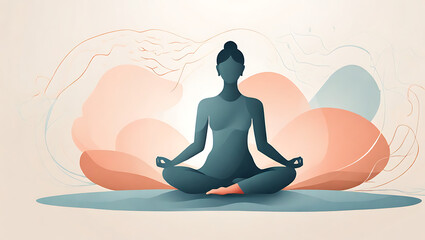 Obraz premium A minimal illustration of a person meditating on a yoga mat, seated in the lotus position. The background is plain with soft lines and a few abstract shapes, symbolizing inner peace and mindfulness