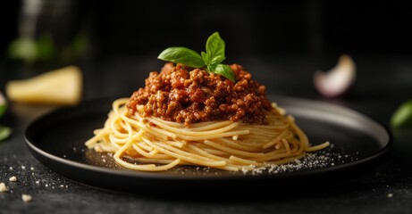 Delicious spaghetti topped with rich meat sauce and fresh basil on a stylish black plate, perfect for food enthusiasts.