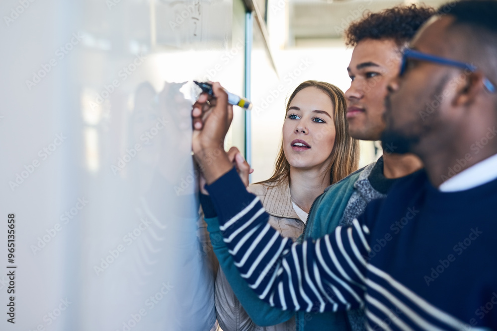 Poster University, whiteboard and teacher with students in class writing for math lesson, learning and exam. Education, teaching and learners with equation for knowledge, assignment and study in college