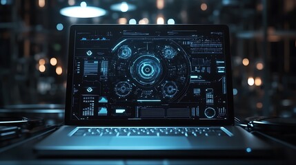 Fototapeta premium High-tech laptop interface with digital gears in motion, futuristic mechanical design in dark theme.