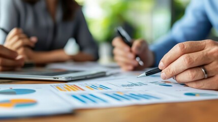 Group of business partners discussing a business plan with graphs and financial data