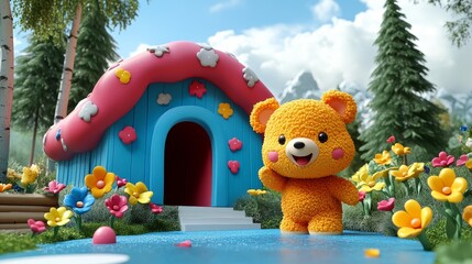 Naklejka premium A cheerful teddy bear stands in front of a vibrant, colorful house surrounded by blooming flowers in a whimsical landscape.