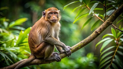 Obraz premium A long-tailed brown macaque monkey occupies a sturdy branch in the forest, its fur blending seamlessly with the