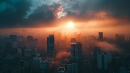 Fototapeta premium Stunning Sunrise Over a Foggy Urban Skyline with High-Rise Buildings and Dramatic Clouds: Ideal for Cityscape Photography and Architectural Backgrounds