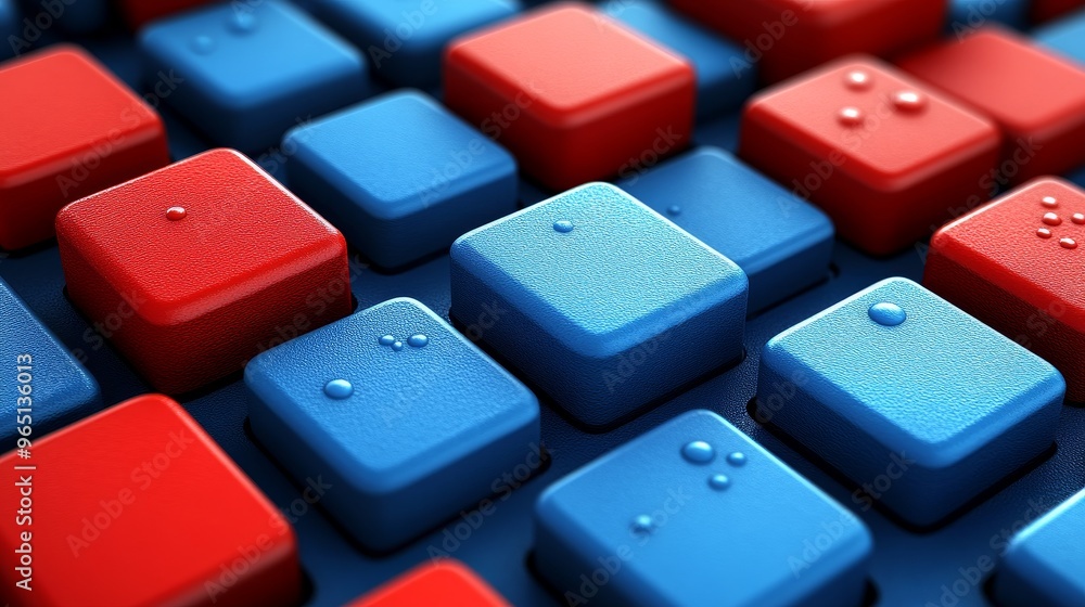Poster a close-up view of colorful blue and red buttons, showcasing a modern design and sleek texture, perf