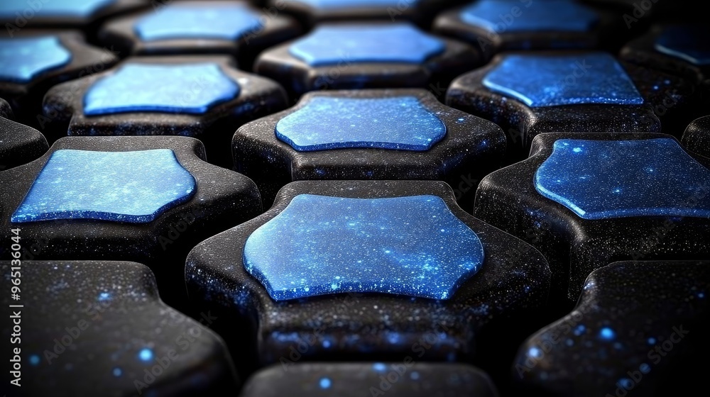 Poster a close-up view of hexagonal blue tiles with a starry texture, creating a visually striking and cosm