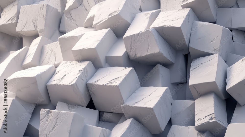 Poster a close-up view of irregular white cubes piled together, showcasing texture and geometric shapes in 