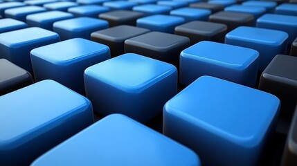Obraz premium A close-up view of glossy blue and black cubes arranged in a pattern, perfect for technology and abstract designs.