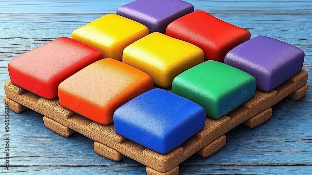 Poster a colorful arrangement of square blocks on a wooden base, perfect for playful design concepts and ed