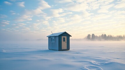 Ice fishing hut on a frozen lake