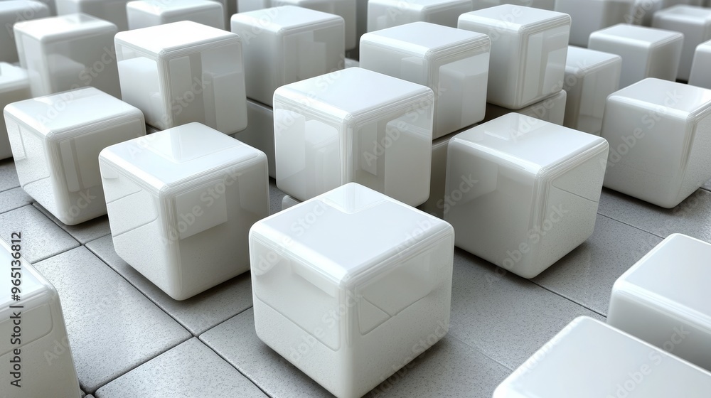 Poster a modern arrangement of white cubes on a tiled surface, creating a minimalist and abstract aesthetic