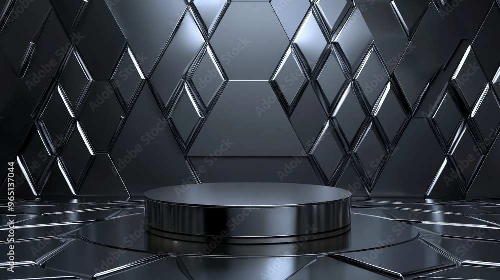 Poster a modern 3d podium with empty space on top, surrounded by abstract geometric patterns, set against a