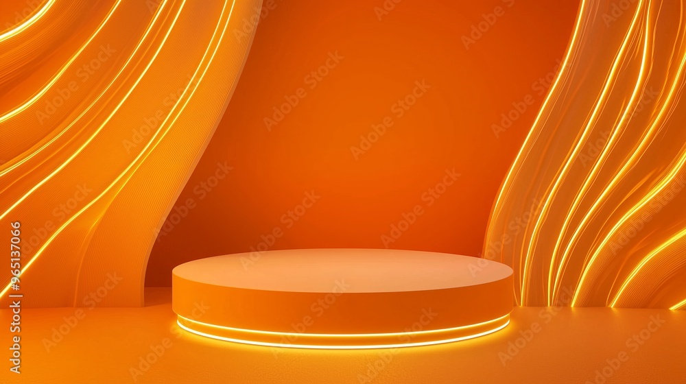Poster a stylish 3d podium with ample empty space, framed by swirling light particles, set against a dark b