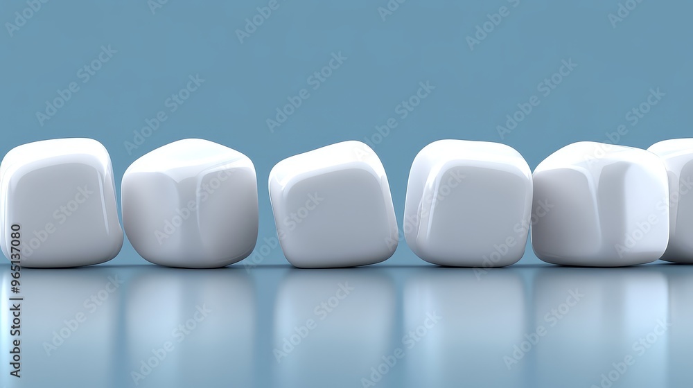 Poster a row of white cubes on a glossy surface against a blue background, creating a modern and minimalist