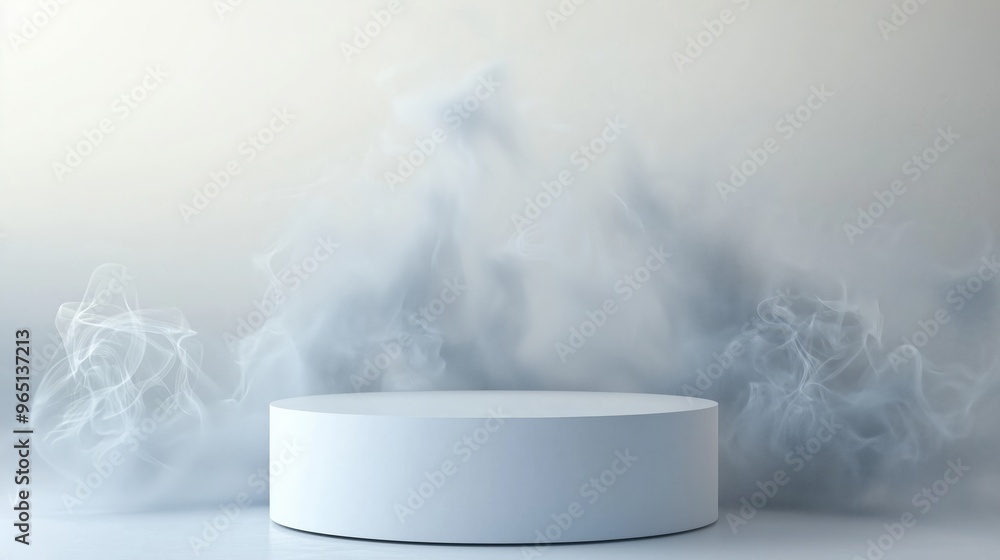 Poster a sleek 3d podium with ample empty space, surrounded by abstract smoke effects, set against a light 