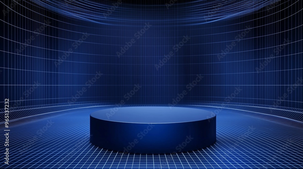 Poster a sleek 3d podium with a large empty area, framed by digital grid lines, set against a deep blue bac