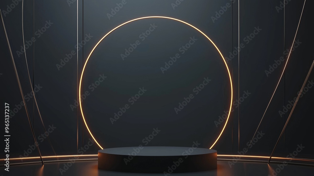 Poster a minimalist 3d podium with empty space in the center, framed by glowing abstract lines, set against