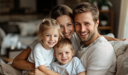 Fototapeta premium A happy family with two children sitting on the sofa at home, laughing and playing together in the living room. High-quality, realistic photograph. 