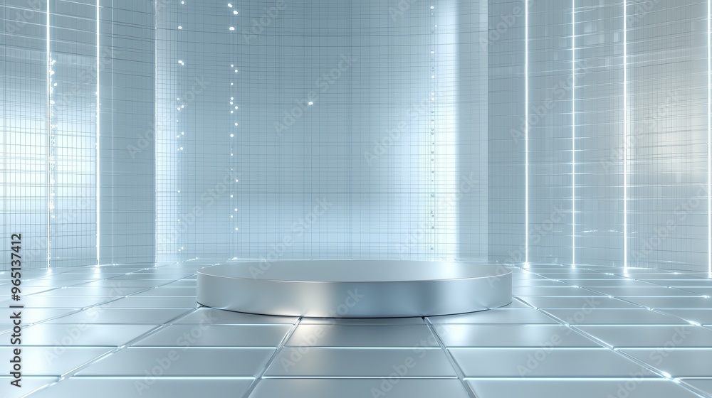 Aufkleber a modern 3d podium with ample empty space, surrounded by soft glowing digital grids, set against a m