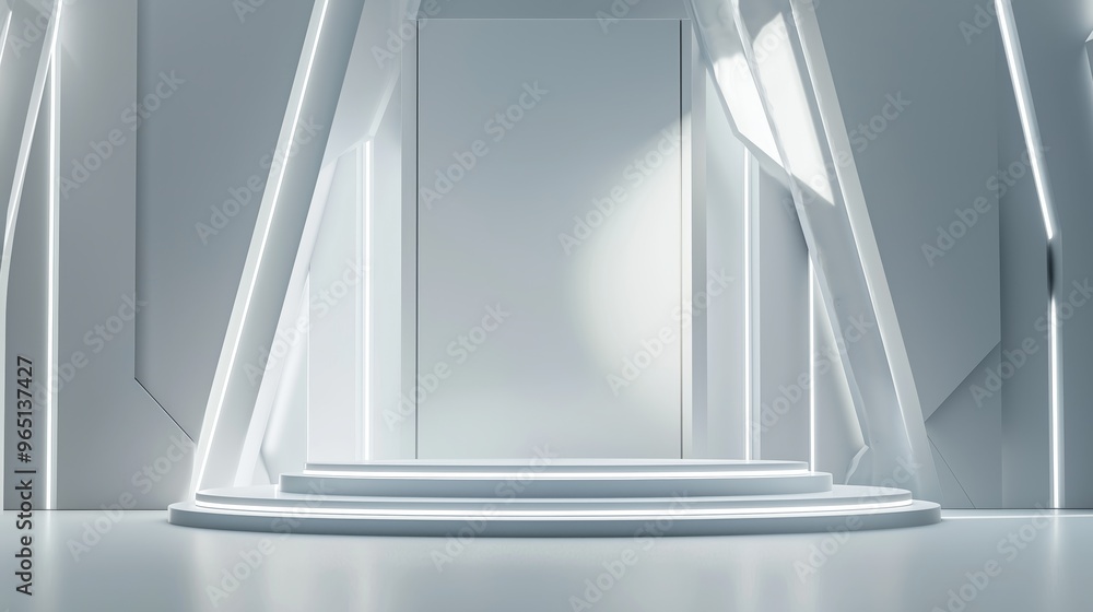 Aufkleber a modern 3d podium with ample empty space, framed by geometric light patterns, set against a light g