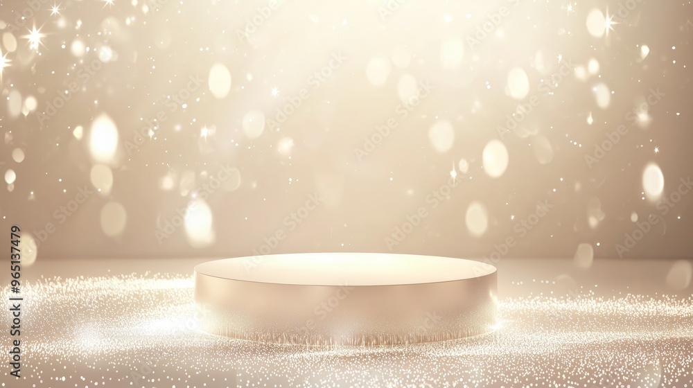 Poster an elegant 3d podium with ample empty space, surrounded by soft flowing light beams, set against a p