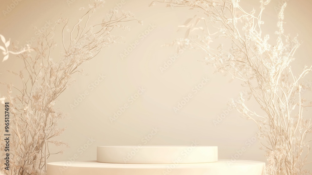 Poster an elegant 3d podium with empty space on top, surrounded by soft glowing mist, set against a light l