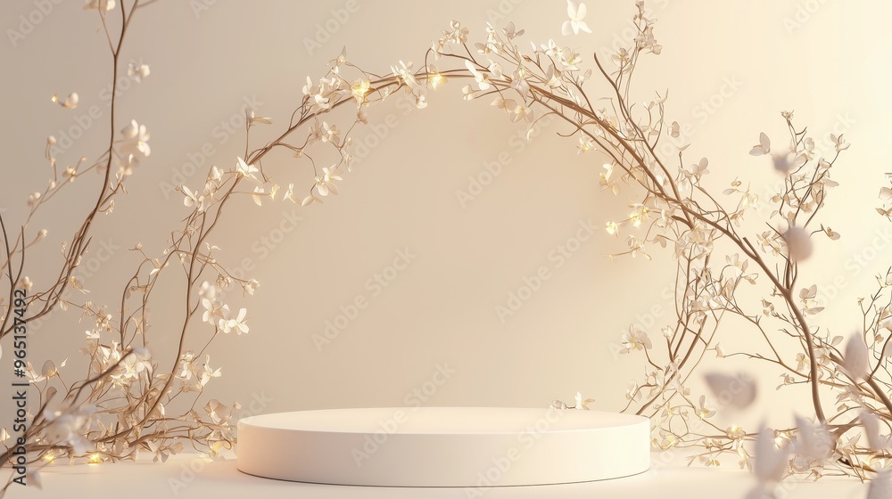 Poster an elegant 3d podium with empty space on top, surrounded by soft glowing mist, set against a light l