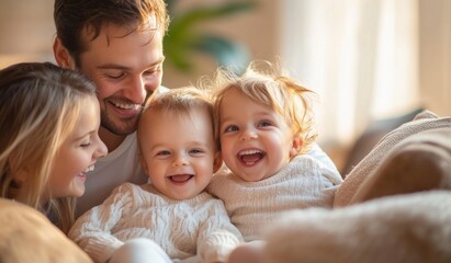 Fototapeta premium A happy family with two children sitting on the sofa at home, laughing and playing together in the living room. High-quality, realistic photograph. 