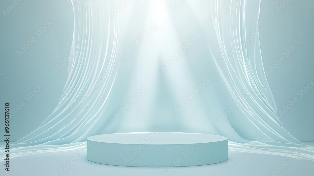 Aufkleber an elegant 3d podium with ample empty space, surrounded by soft flowing light beams, set against a p