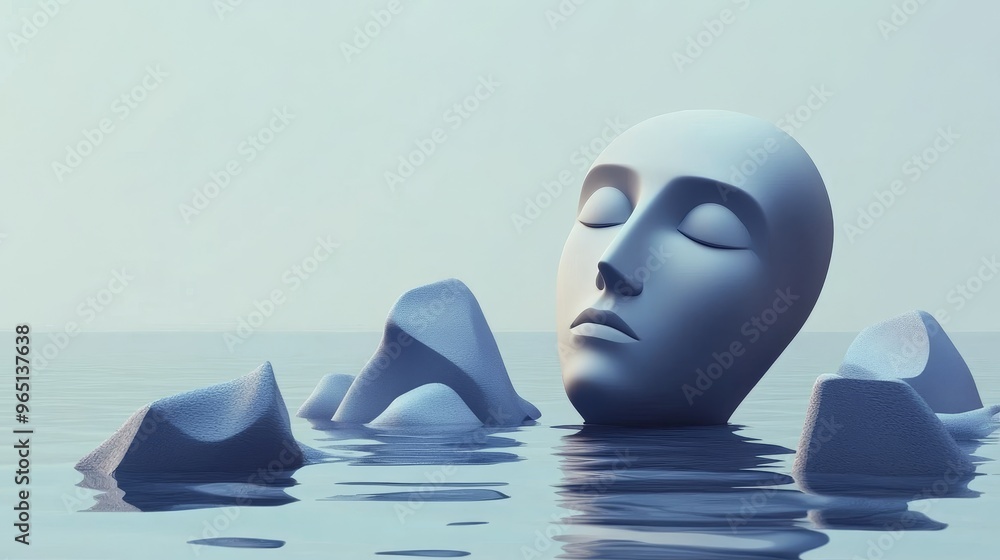 Poster a serene sculpture of a face emerging from calm waters, surrounded by rocks, creating an atmosphere 