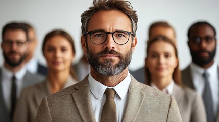 Confident Leadership: A seasoned businessman with a determined gaze leads his team, their faces blurred in the background, symbolizing the strength and unity of a successful business.  