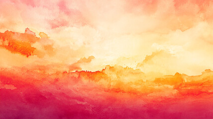 Bright watercolor sunset over distant mountains with vibrant colors and dramatic cloud formations