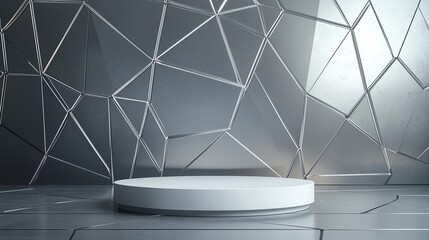 A modern 3D podium with a spacious top, framed by geometric wireframe shapes, set against a metallic grey background, ideal for tech and industrial advertising