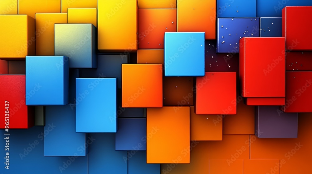 Poster a vibrant arrangement of colorful cubes in various shades, creating a dynamic and modern abstract ba