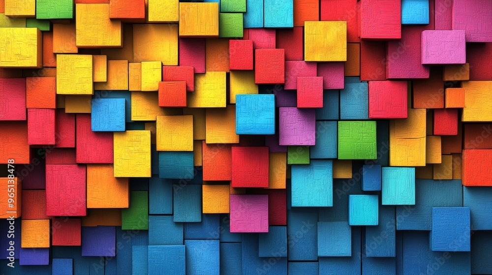 Poster a vibrant arrangement of colorful square shapes creating an abstract, dynamic background full of ene