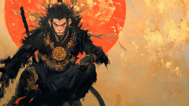 A powerful monkey king sits before a large, red moon.